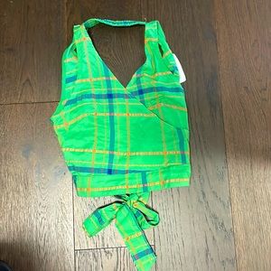 Amadi open back halter, size XS, Anthropologie, NWOT, green, orange, blue plaid